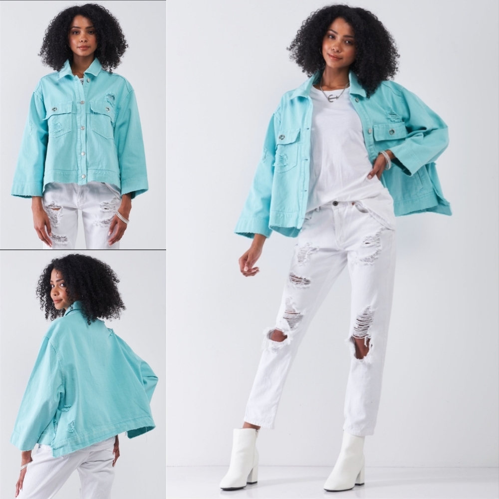 Washed Distressed Wide Sleeve Oversized Denim Jacket